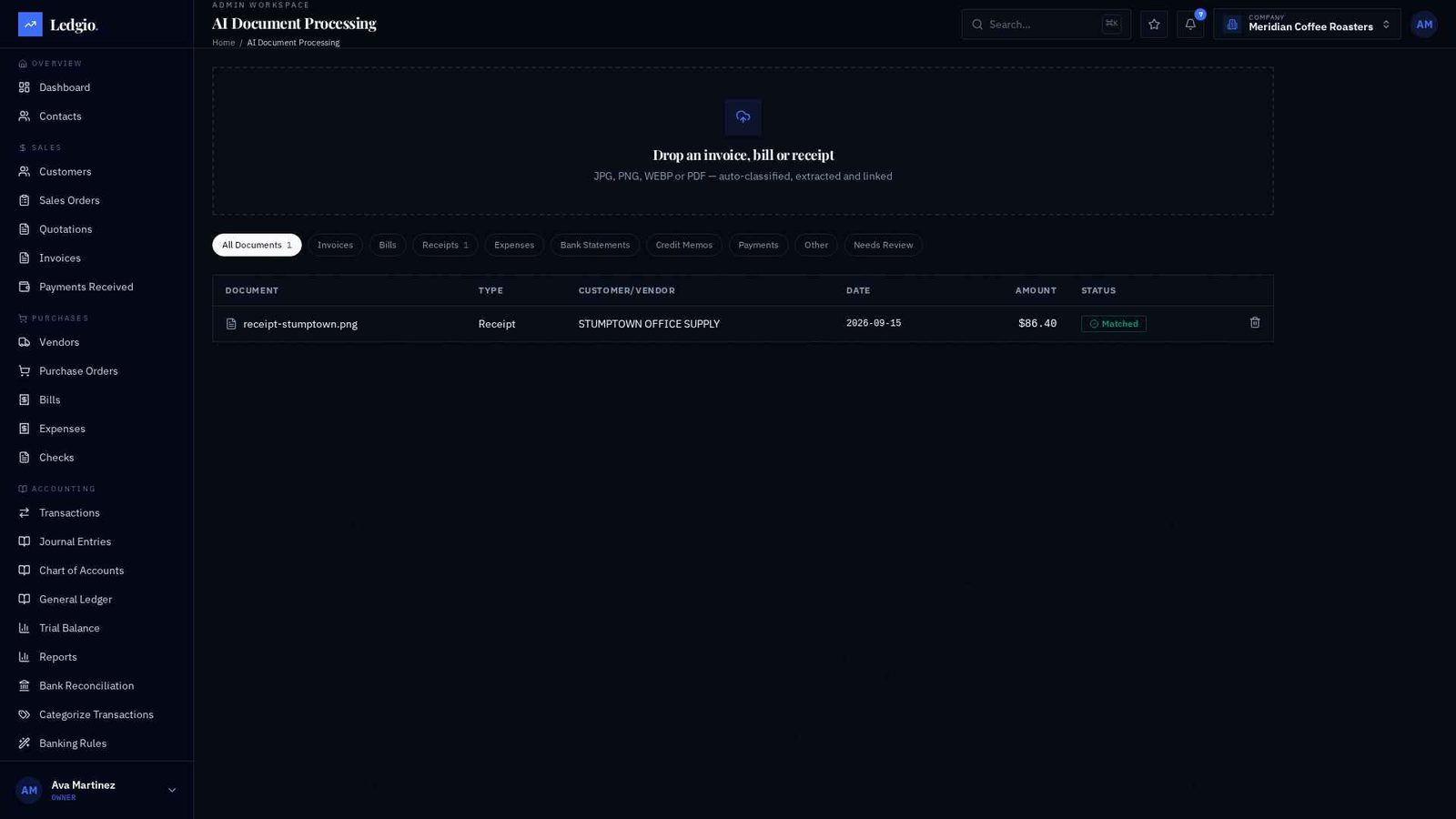 AI document processing extracting a receipt in Ledgio