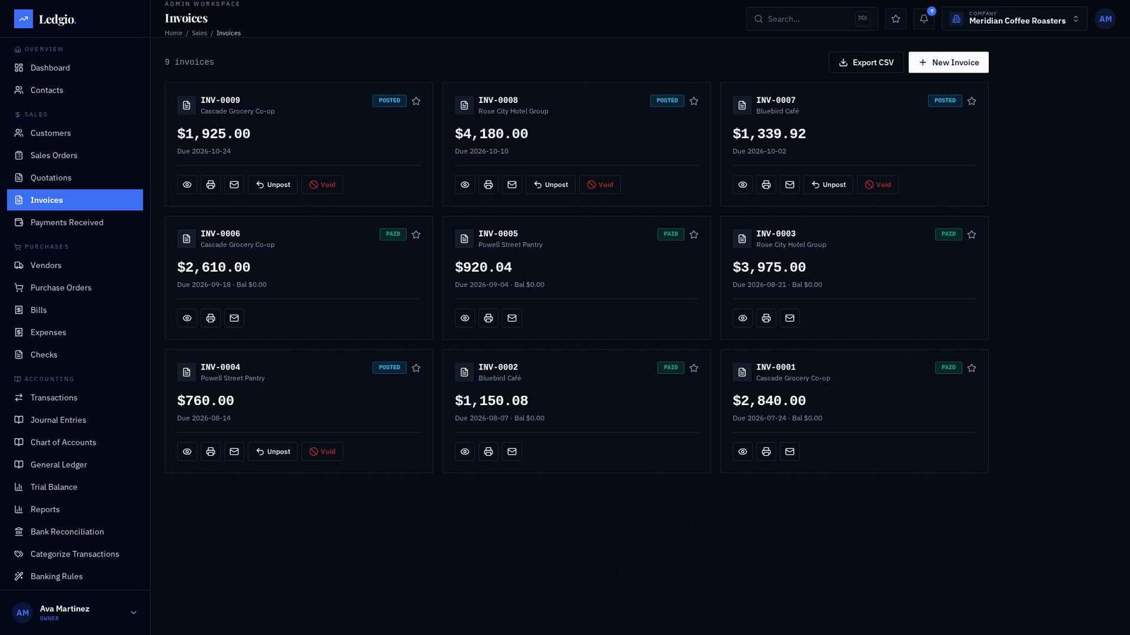 Invoice tracking in Ledgio